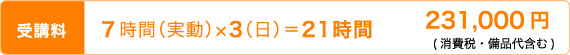 ７時間(実動)×3(日)＝21時間　　 　231,000円　(消費税・備品代含む)  